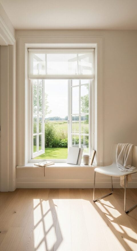 Fenster im hellen Raum mit Blick auf grüne Wiese und Bäume, natürlicher Lichtstrahl, schlichter Stuhl mit weißen Decke, Notizbuch und Kerze auf der Fensterbank, ruhige und friedliche Atmosphäre.