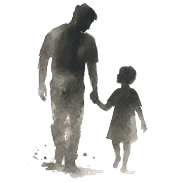 Ein Vater und sein Kind halten Händchen, symbolisieren Abschied und Neubeginn, begleitet von weiten Ausblicken in einer emotionalen, stilisierten Wasserfarben-Illustration für „Abschied mit Weitblick“.